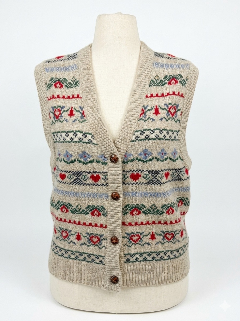 VTG 1990 Eddie Bauer Fair Isle Wool Sweater Vest Hearts Trees Womens L Classic